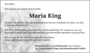 Traueranzeige von Maria King von Schwäbische Post