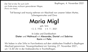 Traueranzeige von Maria Migl von Schwäbische Post