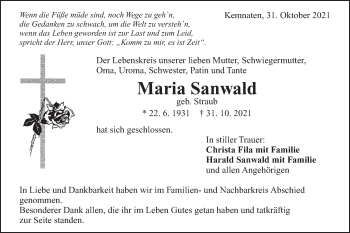Traueranzeige von Maria Sanwald von Gmünder Tagespost