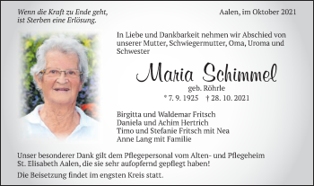 Traueranzeige von Maria Schimmel von Schwäbische Post