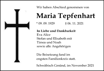 Traueranzeige von Maria Tepfenhart von Gmünder Tagespost
