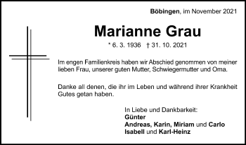 Traueranzeige von Marianne Grau von Gmünder Tagespost
