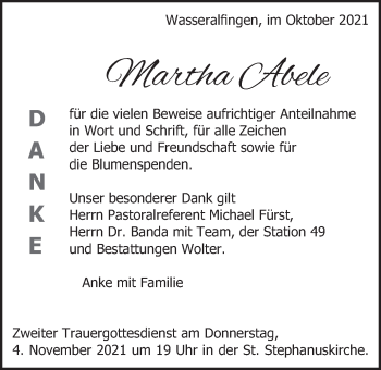 Traueranzeige von Martha Abele von Schwäbische Post