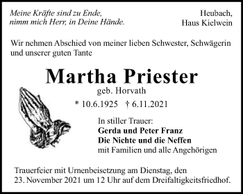 Traueranzeige von Martha Priester von Gmünder Tagespost
