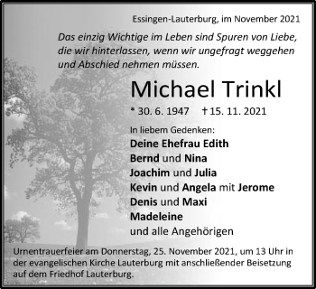 Traueranzeige von Michael Trinkl von Schwäbische Post