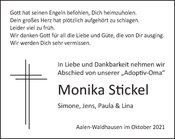 Traueranzeige von Monika Stickel von Schwäbische Post