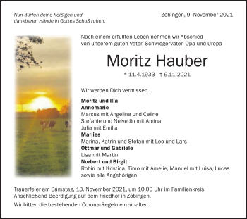 Traueranzeige von Moritz Hauber von Schwäbische Post