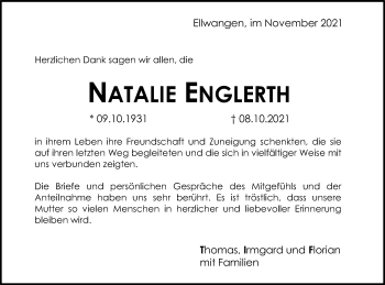 Traueranzeige von Natalie Englerth von Schwäbische Post