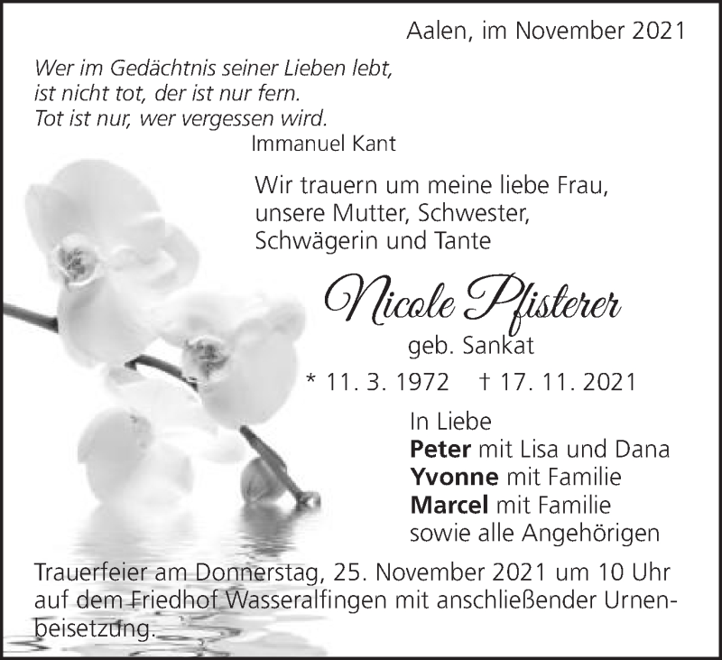  Traueranzeige für Nicole Pfisterer vom 24.11.2021 aus Schwäbische Post