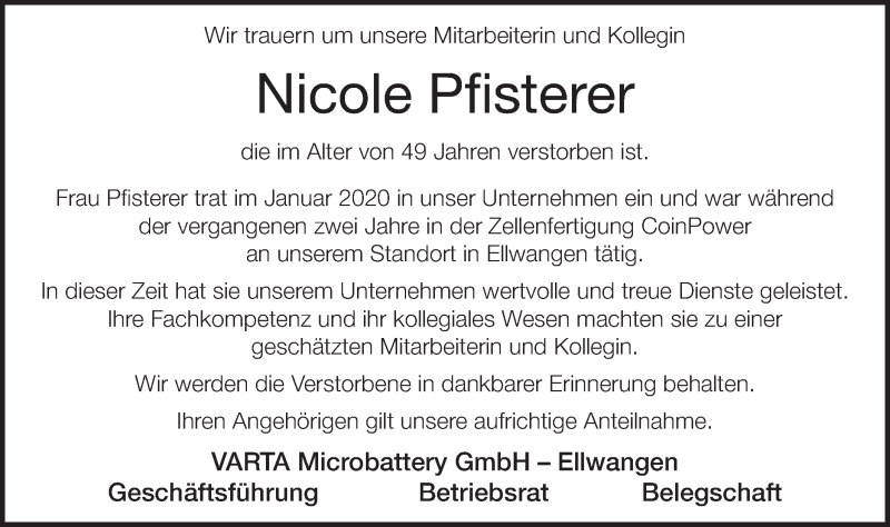  Traueranzeige für Nicole Pfisterer vom 26.11.2021 aus Schwäbische Post