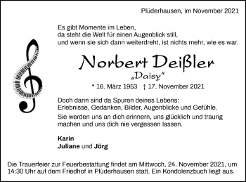 Traueranzeige von Norbert Deißler von Gmünder Tagespost