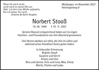 Traueranzeige von Norbert Stooß