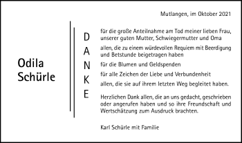 Traueranzeige von Odila Schürle von Gmünder Tagespost