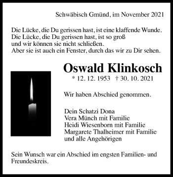 Traueranzeige von Oswald Klinkosch von Gmünder Tagespost