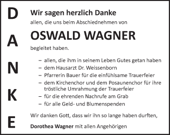 Traueranzeige von Oswald Wagner von Gmünder Tagespost