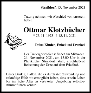 Traueranzeige von Ottmar Klotzbücher von Gmünder Tagespost