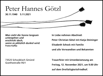 Traueranzeige von Peter Hannes Götzl von Gmünder Tagespost
