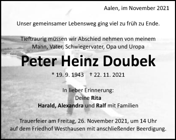 Traueranzeige von Peter Heinz Doubek von Schwäbische Post