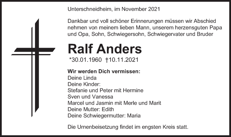 Traueranzeige für Ralf Anders vom 24.11.2021 aus Schwäbische Post