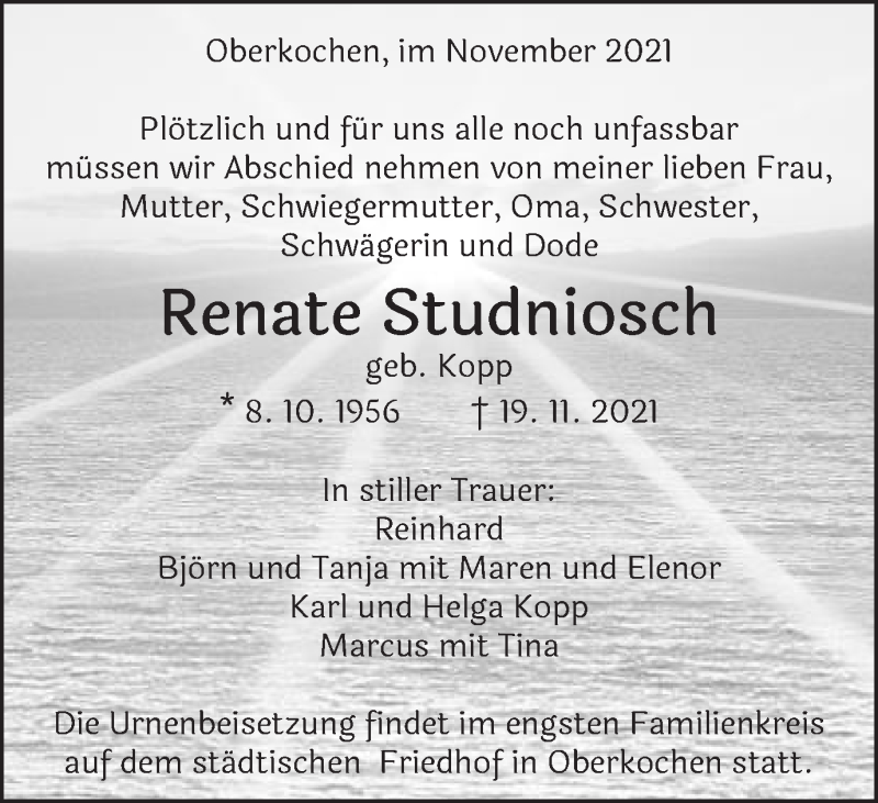  Traueranzeige für Renate Studniosch vom 24.11.2021 aus Schwäbische Post