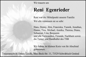 Traueranzeige von Reni Egenrieder von Gmünder Tagespost