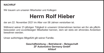 Traueranzeige von Rolf Hieber von Gmünder Tagespost
