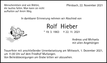 Traueranzeige von Rolf Hieber von Gmünder Tagespost