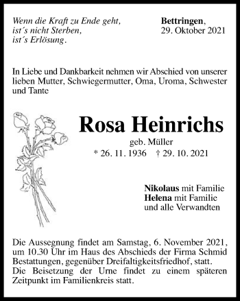 Traueranzeige von Rosa Heinrichs von Gmünder Tagespost