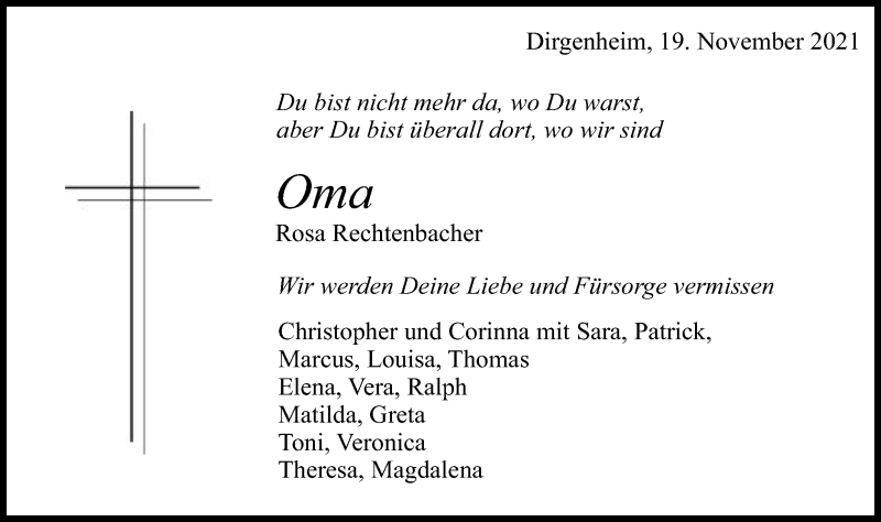  Traueranzeige für Rosa Rechtenbacher vom 22.11.2021 aus Schwäbische Post