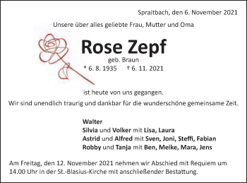 Traueranzeige von Rose Zepf von Gmünder Tagespost