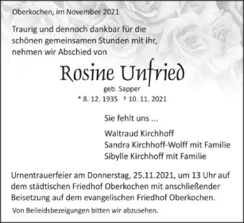 Traueranzeige von Rosine Unfried von Schwäbische Post