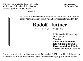 Traueranzeige von Rudolf Jüttner von Gmünder Tagespost