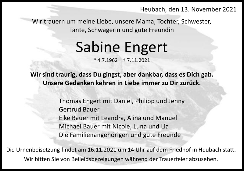  Traueranzeige für Sabine Engert vom 13.11.2021 aus Gmünder Tagespost