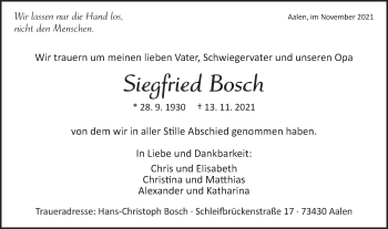 Traueranzeige von Siegfried Bosch von Schwäbische Post