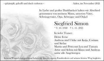 Traueranzeige von Siegfried Simon von Schwäbische Post
