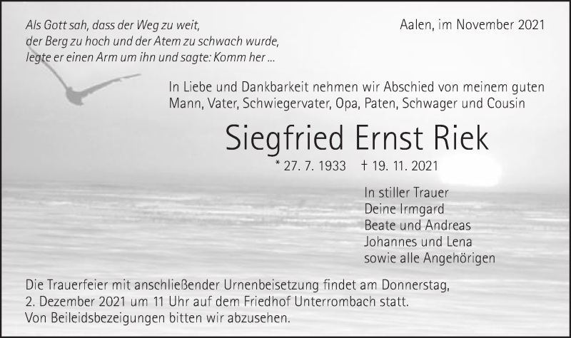  Traueranzeige für Siegfried Ernst Riek vom 29.11.2021 aus Schwäbische Post