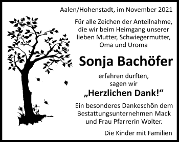 Traueranzeige von Sonja Bachöfer von Schwäbische Post