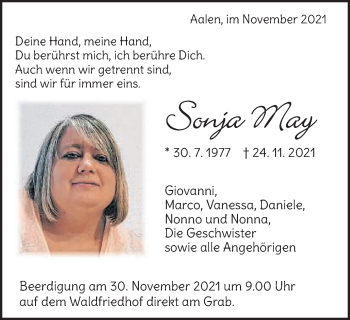 Traueranzeige von Sonja May von Schwäbische Post