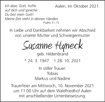 Traueranzeige von Susanne Hyneck von Schwäbische Post