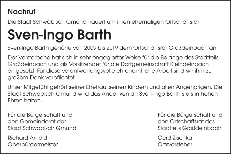  Traueranzeige für Sven-Ingo Barth vom 17.11.2021 aus Gmünder Tagespost