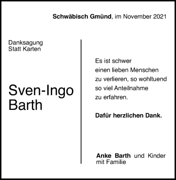 Traueranzeige von Sven-Ingo Barth von Gmünder Tagespost