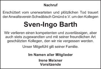 Traueranzeige von Sven-Ingo Barth von Gmünder Tagespost