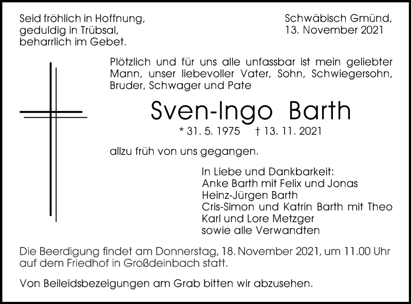  Traueranzeige für Sven-Ingo Barth vom 16.11.2021 aus Gmünder Tagespost