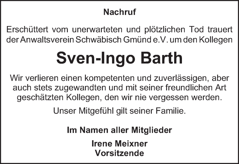  Traueranzeige für Sven-Ingo Barth vom 17.11.2021 aus Gmünder Tagespost