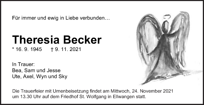  Traueranzeige für Theresia Becker vom 15.11.2021 aus Schwäbische Post