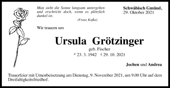 Traueranzeige von Ursula Grötzinger von Gmünder Tagespost