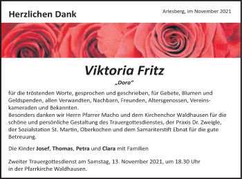 Traueranzeige von Viktoria Fritz von Schwäbische Post