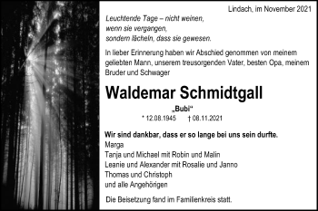 Traueranzeige von Waldemar Schmidtgall von Gmünder Tagespost