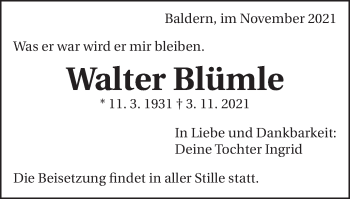 Traueranzeige von Walter Blümle von Schwäbische Post