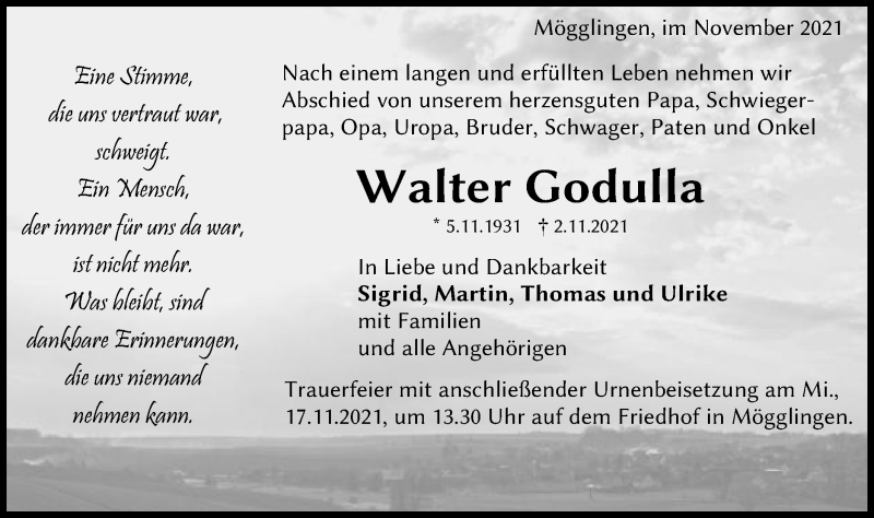  Traueranzeige für Walter Godulla vom 13.11.2021 aus Gmünder Tagespost
